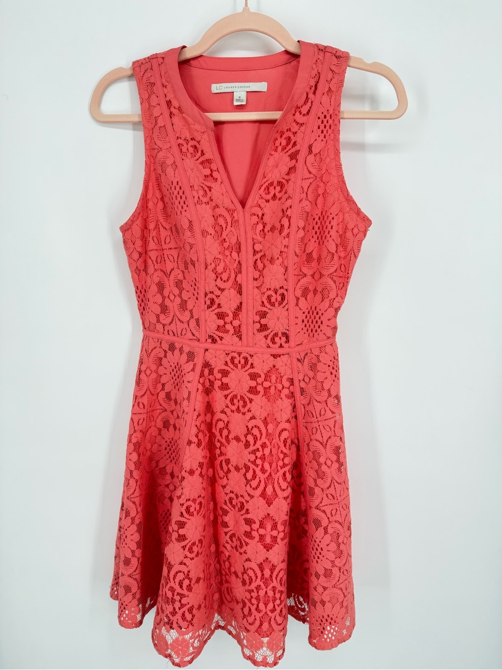 Lauren Conrad Women's Coral Salmon Orange Lace‎ Dress Size 0 Sleeveless Mini